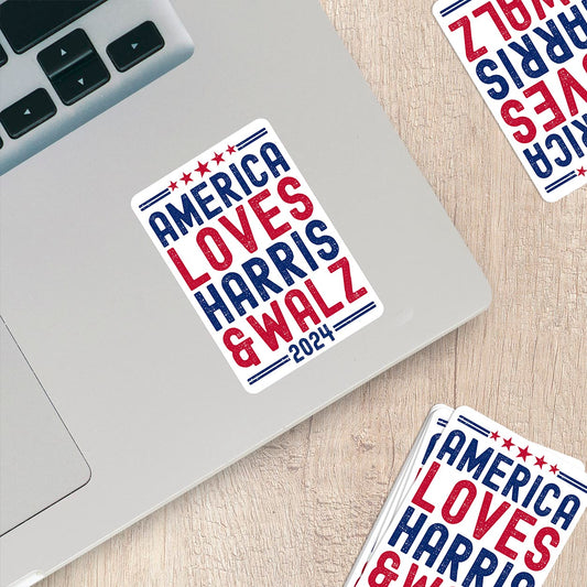 Harris Walz 2024 Vinyl Sticker - America Loves Harris & Walz