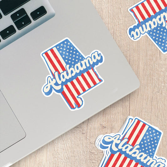 Alabama State Sticker with American Flag Background | Weatherproof Vinyl Decal