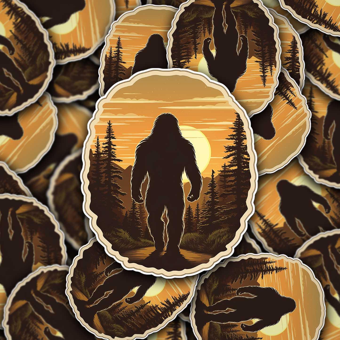 Bigfoot Walking Through the Mountains at Sunset Sticker