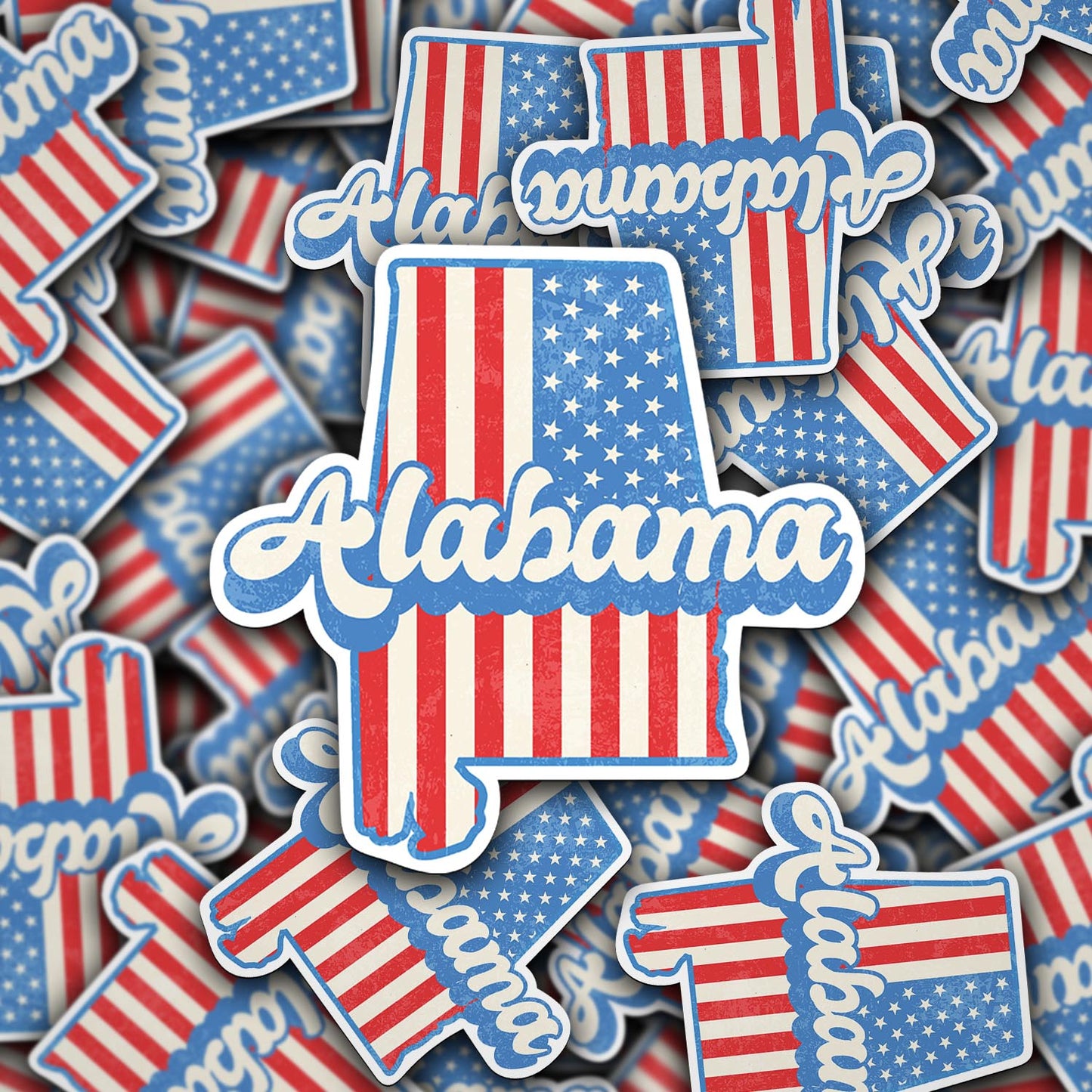 Alabama State Sticker with American Flag Background | Weatherproof Vinyl Decal