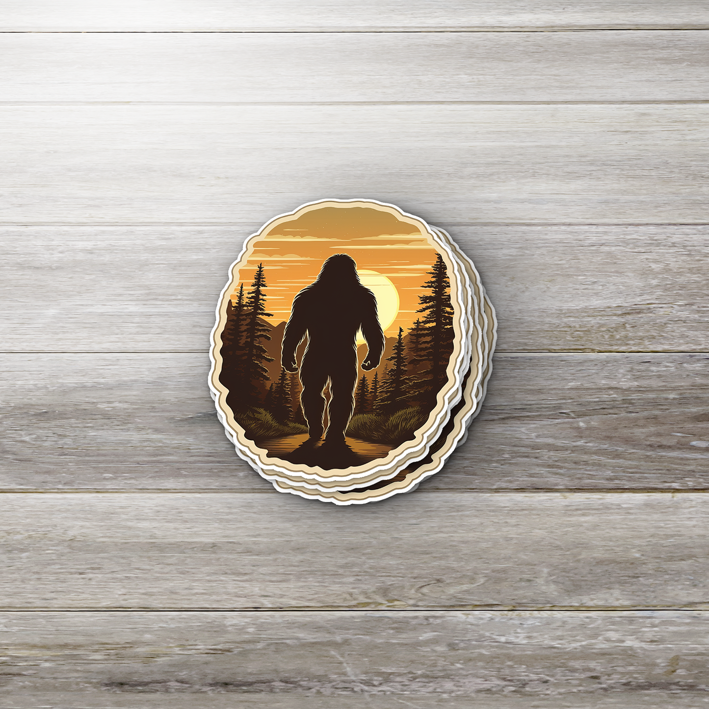 Bigfoot Walking Through the Mountains at Sunset Sticker