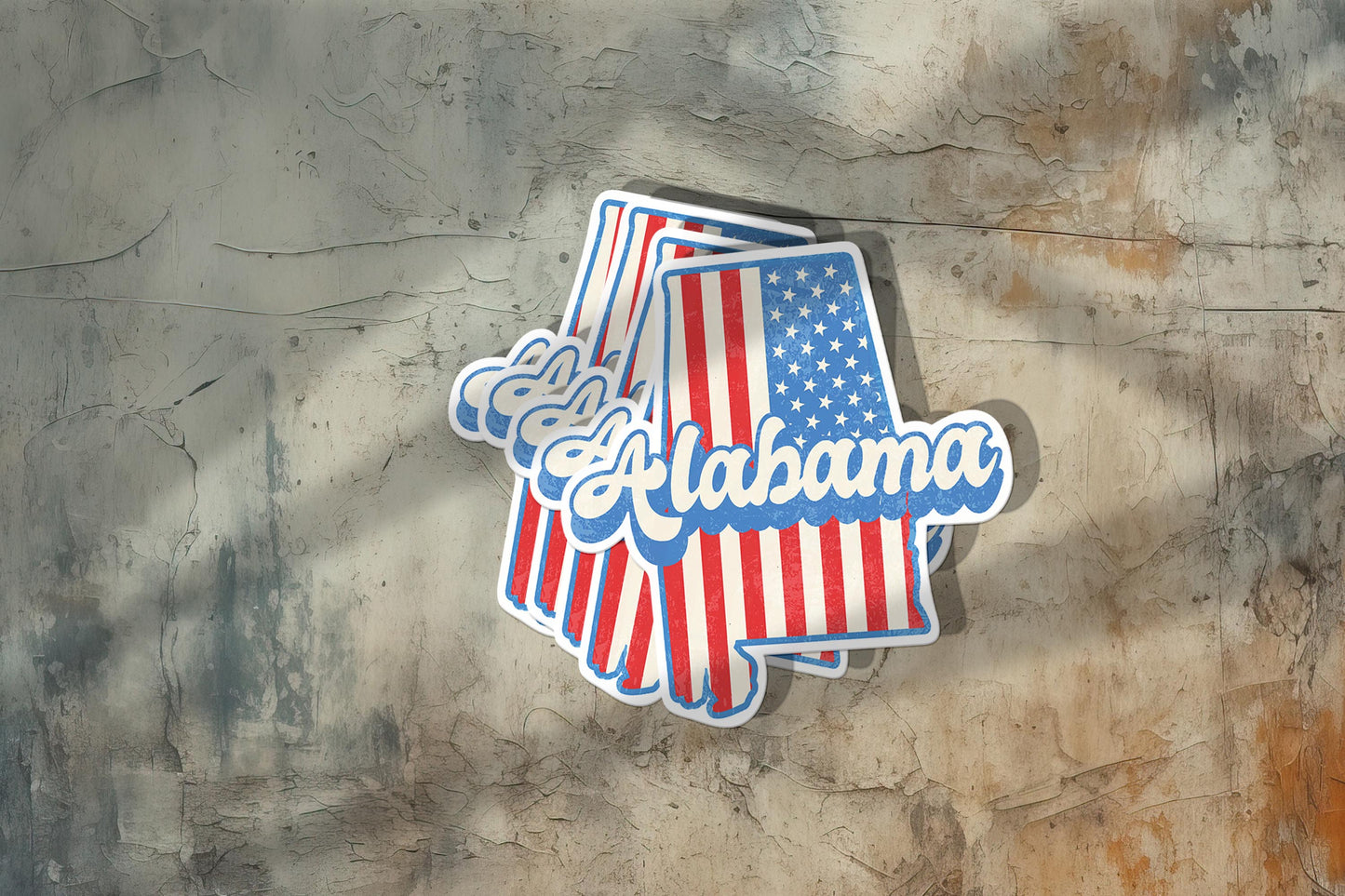 Alabama State Sticker with American Flag Background | Weatherproof Vinyl Decal