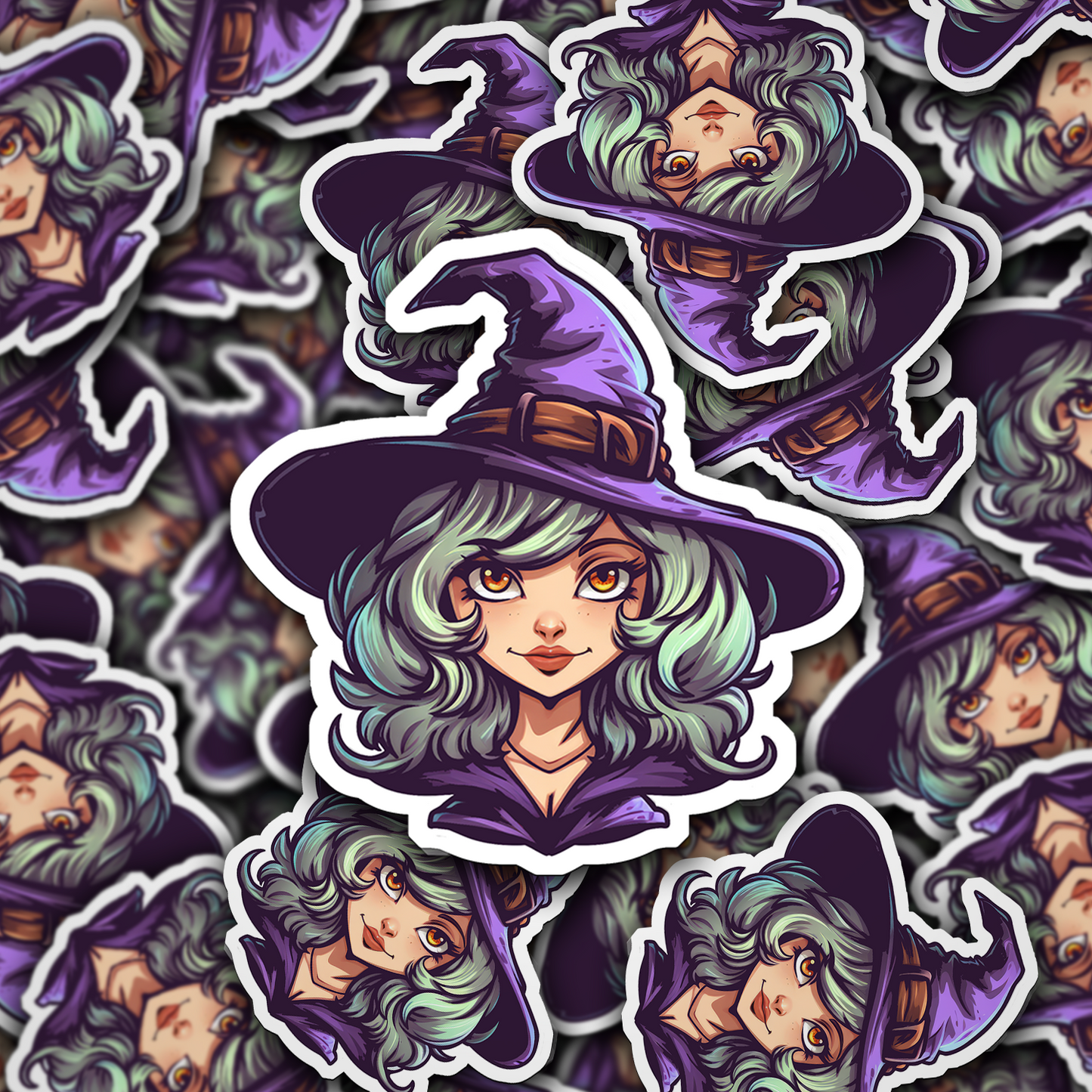 Green Hat & Purple Hair Witch Vinyl Sticker - Quirky Magic in Every Peel!