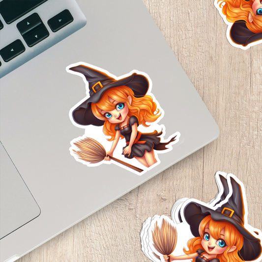 Cute Witch Riding a Broom Vinyl Sticker - Adorable Magic for Any Surface